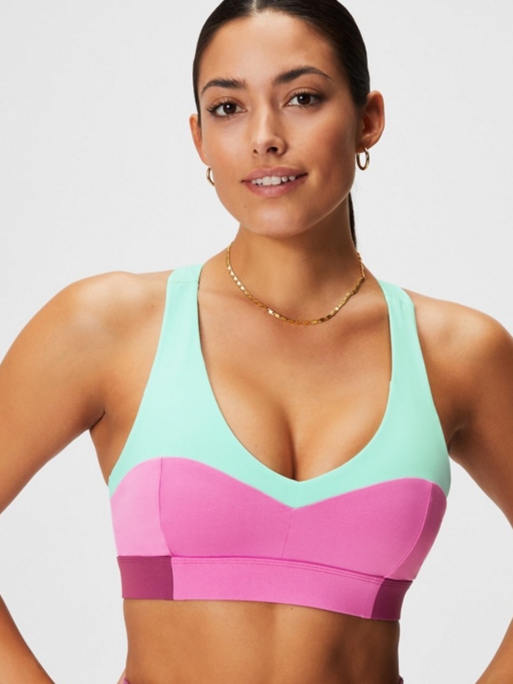 New Fabletics On The Go Midi Medium Impact Sports Mint & Pink Sports Bra Size XL